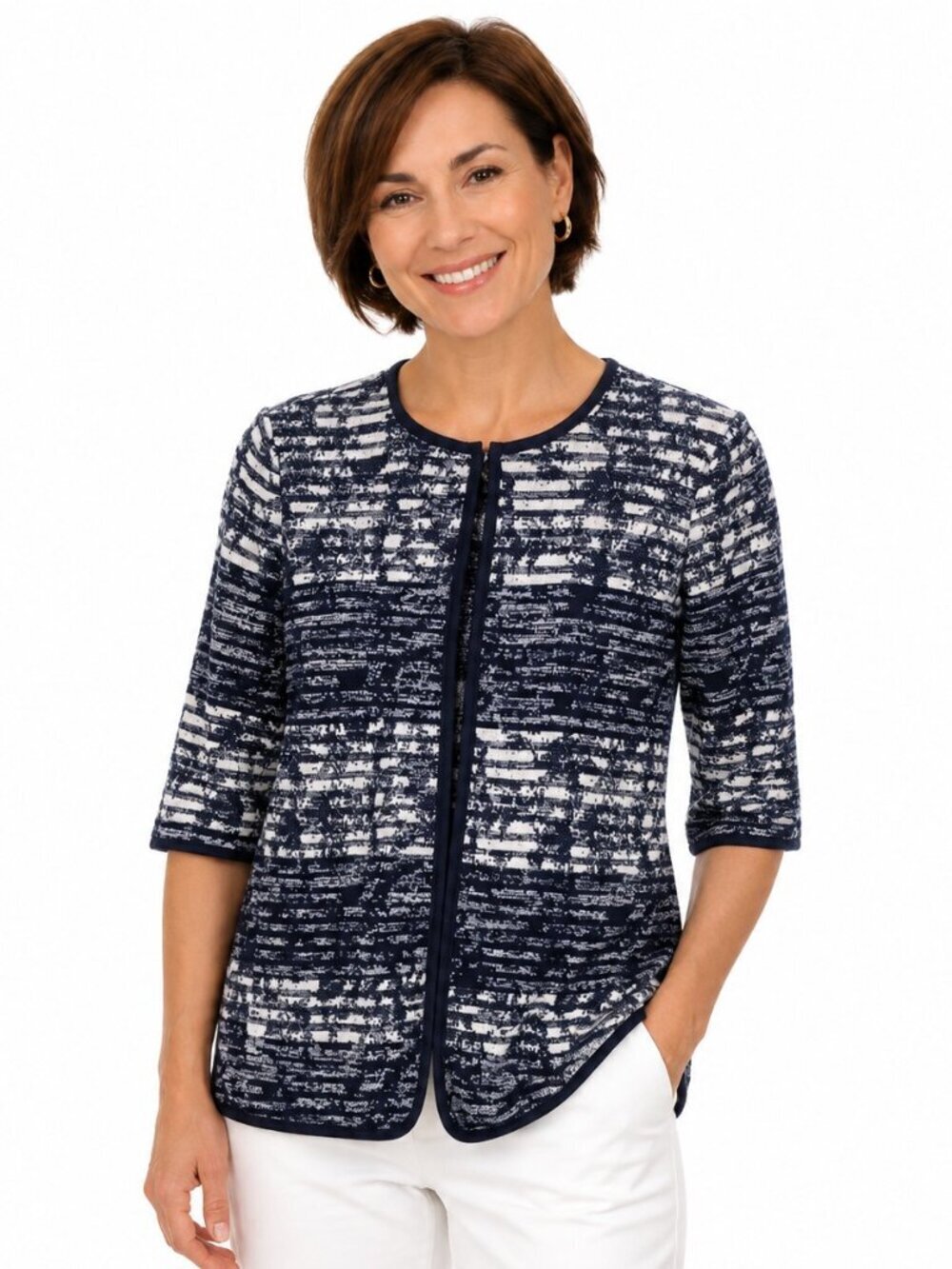 Ming Wang Navy Blue Abstract Print Knit Cardigan Sweater